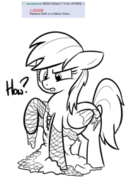 Size: 604x848 | Tagged: safe, artist:shoutingisfun, rainbow dash, pegasus, pony, 4chan, monochrome, saloon dress, solo