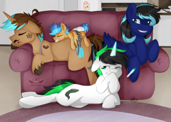 Size: 1023x731 | Tagged: safe, artist:littledreamycat, oc, oc:dreamscratch, oc:lightning blaze, oc:saphire, oc:twister, pegasus, pony, unicorn, diaper, face paint, family, female, filly, foal, funny, living room, paint, rule 63, sofa, twins