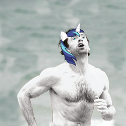 Size: 1000x1000 | Tagged: safe, artist:pixelsofsin, shining armor, human, exploitable meme, forced meme, hugh jackman, irl, irl human, meme, my little hugh, photo, recolor, solo