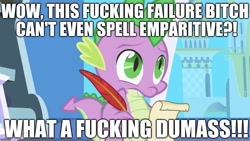 Size: 1280x720 | Tagged: safe, edit, edited screencap, editor:useraccount, screencap, spike, dragon, friendship is magic, abuse, background pony strikes again, caption, downvote bait, engrish, excessive exclamation marks, funny, go to sleep garble, hypocrisy, hypocritical humor, image macro, irony, letter, male, meme, misspelling, quill, shitposting, solo, spikeabuse, trolling, truth, vulgar