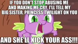 Size: 1280x720 | Tagged: safe, edit, edited screencap, editor:useraccount, screencap, spike, twilight sparkle, twilight sparkle (alicorn), alicorn, dragon, dragon quest, angry, excessive exclamation marks, image macro, implied spikeabuse, meme, op is a cuck, shitposting, solo, spike justice warriors, spikelove, vulgar, wat, yelling