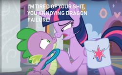 Size: 1064x650 | Tagged: safe, edit, edited screencap, screencap, spike, twilight sparkle, twilight sparkle (alicorn), alicorn, dragon, school raze, abuse, go to sleep garble, op is a cuck, saddle bag, shitposting, spikeabuse, vulgar, winged spike