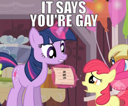 Size: 784x652 | Tagged: safe, derpibooru import, apple bloom, twilight sparkle, image macro, it says you're gay, lol, meme, wat