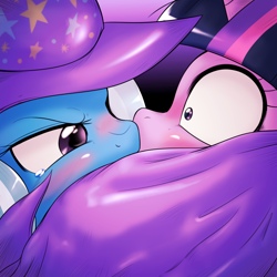 Size: 1000x1000 | Tagged: safe, artist:ushiro no kukan, derpibooru import, trixie, twilight sparkle, pony, unicorn, blushing, crying, female, kissing, lesbian, mare, shipping, surprise kiss, surprised, trixie's cape, trixie's hat, twixie