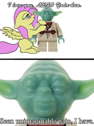 Size: 750x1000 | Tagged: safe, artist:slamjam, derpibooru import, fluttershy, pegasus, pony, blushing, crack shipping, crossover, crossover shipping, lego, lego yoda, shipping, shitposting, star wars, text, wat, yoda