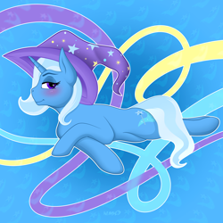 Size: 3500x3500 | Tagged: safe, alternate version, artist:wumbl3, derpibooru exclusive, derpibooru import, trixie, pony, unicorn, abstract background, blushing, clothes, cutie mark, female, hat, high res, looking at you, mare, on side, smiling, solo, trixie's hat