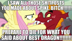 Size: 1920x1080 | Tagged: safe, derpibooru import, edit, edited screencap, screencap, fluttershy, garble, pegasus, pony, sweet and smoky, aggressive, angry, big sister instinct, caption, death threat, duo, excessive exclamation marks, image macro, implied spike, implied spikeabuse, scared, shitposting, spikelove, text, threat, vulgar