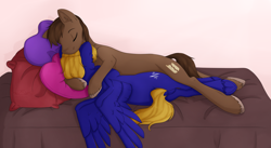 Size: 3000x1641 | Tagged: safe, artist:littledreamycat, oc, oc only, oc:cloud quake, oc:endless map, earth pony, pegasus, pony, bed, gay, male, pillow, snuggling