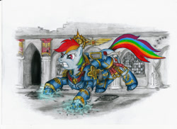 Size: 800x582 | Tagged: safe, artist:salahir, rainbow dash, pegasus, pony, armor, assault squad, colored pencil drawing, crossover, female, hidden wings, iron halo, mare, power armor, power fist, purity seal, solo, traditional art, warhammer (game), warhammer 40k