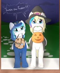 Size: 2500x3000 | Tagged: safe, artist:littledreamycat, oc, oc only, oc:jewel blue, oc:veleya, pegasus, pony, adorable face, blushing, candy, candy pail, cookie, cookie monster, cute, dialogue, doorstep, duo, fangs, female, filly, food, halloween, halloween costume, hat, holiday, jack-o-lantern, looking at you, mouth hold, ocbetes, offspring, parent:oc:arus, parent:oc:hazy, parents:harus, parents:oc x oc, patreon, patreon reward, pumpkin, pumpkin bucket, speech bubble, trick or treat, trick or treating, witch hat