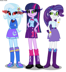 Size: 1500x1647 | Tagged: safe, artist:asika-aida, derpibooru import, rarity, trixie, twilight sparkle, equestria girls, inspiration manifestation, alicorn amulet, corrupted, counterparts, dark magic, glowing eyes, inspirarity, magic, magical trio, sombra eyes, twilight's counterparts, what has magic done