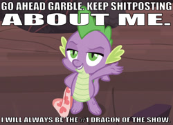 Size: 641x463 | Tagged: safe, edit, edited screencap, editor:undeadponysoldier, screencap, spike, dragon, sweet and smoky, best dragon, blanket, breaking the fourth wall, caption, image macro, impact font, implied garble, male, meme, raised arm, roasted, savage, shitposting, smug, solo, text, vulgar, winged spike