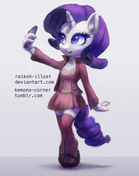 Size: 600x760 | Tagged: safe, artist:raikoh, rarity, anthro, unguligrade anthro, cellphone, clothes, jacket, mary janes, phone, pleated skirt, selfie, shirt, shoes, skirt, socks, solo, thigh highs, zettai ryouiki