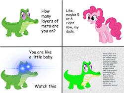 Size: 960x720 | Tagged: safe, derpibooru import, edit, editor:countcoltnackh, gummy, pinkie pie, alligator, earth pony, pony, slice of life (episode), 1000 years in photoshop, caption, comic sans, copypasta, deep fried meme, existential crisis, exploitable meme, four panel meme, gummy the deep thinker, image macro, lens flare, meme, meta, monologue, shitposting, simple background, surreal meme, text, vector, what am i doing with my life..., what is life, white background