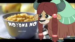 Size: 1200x675 | Tagged: safe, yona, yak, bow, cereal, cloven hooves, female, food, hair bow, monkey swings, no luca no, shitposting, vector