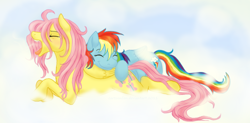 Size: 1224x600 | Tagged: safe, artist:cartoonlion, fluttershy, rainbow dash, pegasus, pony, bed mane, cloud, cloudy, cuddling, female, flutterdash, lesbian, morning ponies, shipping, sleeping, snuggling, yawn