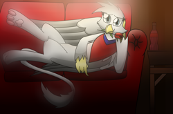 Size: 2650x1750 | Tagged: safe, artist:somber, derpibooru import, oc, oc only, oc:snow, griffon, bandana, clothes, cute, end table, female, flower, flower in mouth, griffon oc, looking at you, mouth hold, nuka cola, posing for photo, romantic, rose, rose in mouth, sexy, sofa, solo, sparkle cola