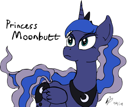 Size: 1482x1253 | Tagged: safe, artist:baratus93, princess luna, alicorn, pony, moonbutt, simple background, text, transparent background