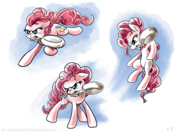 Size: 1000x750 | Tagged: safe, artist:kp-shadowsquirrel, pinkie pie, earth pony, pony, female, frying pan, mouth hold, solo