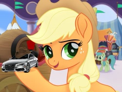 Size: 621x467 | Tagged: safe, derpibooru import, edit, edited screencap, screencap, applejack, earth pony, pony, my little pony: the movie, applejack's hat, audi, background pony, canterlot, car, cart, cowboy hat, cropped, female, friendship festival, hat, howdy, mare, market, meme, pun, shitposting, solo focus, unnamed pony, visual pun