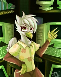 Size: 1280x1600 | Tagged: safe, artist:thedamneddarklyfox, derpibooru import, oc, oc only, oc:mizzy, griffon, clothes, computer, crt monitor, griffon oc, looking at you, shirt, solo, wings