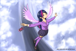 Size: 750x500 | Tagged: safe, artist:alexmakovsky, twilight sparkle, twilight sparkle (alicorn), alicorn, human, cellphone, clothes, humanized, phone, pleated skirt, shirt, shoes, skirt, socks, solo, spread wings, thigh highs, winged humanization, zettai ryouiki