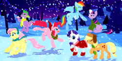 Size: 3840x1920 | Tagged: safe, artist:bluebirdrae288, derpibooru import, applejack, fluttershy, pinkie pie, rainbow dash, rarity, spike, twilight sparkle, dragon, earth pony, pegasus, pony, unicorn, mane seven, snow, snowfall, winter