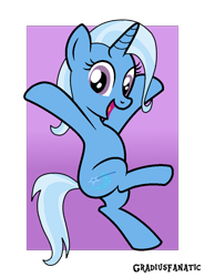 Size: 786x1062 | Tagged: safe, artist:gradiusfanatic, derpibooru import, trixie, pony, unicorn, female, looking at you, mare, open mouth, purple background, simple background, solo