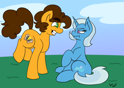 Size: 1280x914 | Tagged: safe, artist:penn-name, derpibooru import, cheese sandwich, trixie, pony, unicorn, ask trixie and cheese, female, grin, mare, smiling, unamused