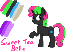 Size: 1400x1000 | Tagged: safe, artist:spritepony, oc, oc only, oc:sweet tea belle, pony, donut steel, joke oc, recolor, reference sheet, shitposting, simple background, solo, text