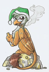 Size: 849x1241 | Tagged: safe, artist:ravenpuff, derpibooru import, oc, oc:tyrie, griffon, beer bottle, christmas, cigar, gold, griffon oc, hat, holiday, male, money, santa hat, sitting, smoking, solo