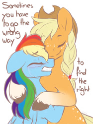 Size: 1024x1366 | Tagged: safe, artist:littledreamycat, applejack, rainbow dash, earth pony, pegasus, pony, appledash, comforting, crying, female, hug, lesbian, next generation, shipping, story included