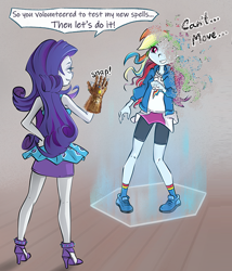 Size: 510x595 | Tagged: safe, alternate version, artist:vyazinrei, edit, editor:logan jones, rainbow dash, rarity, better together, equestria girls, avengers: infinity war, clothes, disintegration, female, i don't feel so good, imminent death, implied death, infinity gauntlet, meme, shitposting, snap