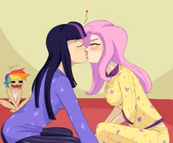 Size: 677x564 | Tagged: safe, artist:7nights, derpibooru import, fluttershy, rainbow dash, twilight sparkle, female, humanized, kissing, lesbian, shipping, spin the bottle, twishy