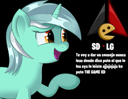 Size: 1326x1024 | Tagged: safe, lyra heartstrings, pony, black background, meme, sdlg, shitposting, simple background, spanish, the game, thief image