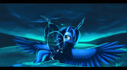 Size: 1205x663 | Tagged: safe, artist:auroriia, princess luna, alicorn, pony, ursa, ursa minor, female, mare, night, spread wings, twilight (astronomy), ursa minimus, water