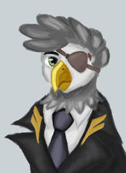 Size: 2480x3404 | Tagged: safe, artist:tekggd, derpibooru import, oc, oc only, oc:schnabel sunglider, griffon, equestria at war mod, bust, clothes, eyepatch, gray background, griffon oc, military uniform, portrait, simple background