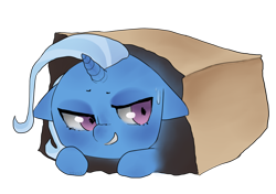 Size: 1024x721 | Tagged: safe, artist:oouichi, derpibooru import, trixie, pony, unicorn, chibi, cute, diatrixes, female, hiding, mare, paper bag, simple background, sneaky, solo, sweat, transparent background