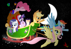 Size: 3000x2093 | Tagged: safe, artist:ardas91, derpibooru import, applejack, fluttershy, pinkie pie, rainbow dash, rarity, twilight sparkle, earth pony, pegasus, pony, unicorn, high res, mane six, present, sleigh