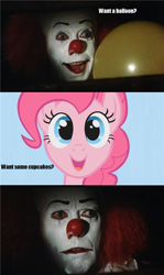 Size: 500x839 | Tagged: safe, pinkie pie, earth pony, pony, fanfic:cupcakes, balloon, burned, funny, funny as hell, ironic, irony, it, nope, oh snap, owned, pennywise, stephen king