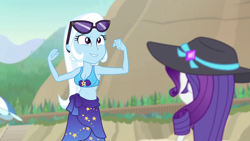 Size: 1920x1080 | Tagged: safe, derpibooru import, edit, edited screencap, editor:ah96, screencap, rarity, trixie, better together, equestria girls, forgotten friendship, beach, belly button, breast edit, breasts, cleavage, clothes, female, hat, lip bite, midriff, smiling, sun hat, sunglasses, swimsuit, titsie
