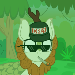 Size: 3000x3000 | Tagged: safe, alternate version, artist:devfield, autumn blaze, kirin, sounds of silence, autumn blazed, blunt, bush, cap, dead meme, drug use, drugs, female, glasses, hat, i'm sorry, kill me, marijuana, meme, mlg, montage parody, obey, plant, shitposting, smoking, solo, sunglasses, tree, vine