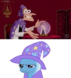 Size: 636x698 | Tagged: safe, artist:darkomegamk2, derpibooru import, trixie, pony, unicorn, dr doofenshmirtz, exploitable meme, female, mare, meme, not sure if, phineas and ferb, trixie is not amused, unamused