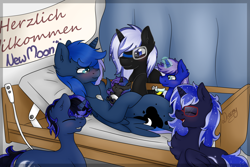 Size: 3000x2000 | Tagged: safe, artist:littledreamycat, princess luna, oc, oc:lumen, oc:lunaris, oc:moonlight, oc:new moon, oc:night shadow, alicorn, pony, unicorn, banner, bed, birth, blushing, chest fluff, colt, ear fluff, female, filly, foal, german, glasses, hospital, hospital bed, lunadow, male, mare, messy mane, newborn, parent:oc:night shadow, parent:princess luna, parents:canon x oc, parents:lunadow, ribbon, stallion