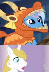 Size: 1200x1759 | Tagged: safe, derpibooru import, edit, editor:jdueler11, prince blueblood, trixie, dragon, uncommon bond, bluetrix, dragon costume, female, male, reaction, shipping, straight