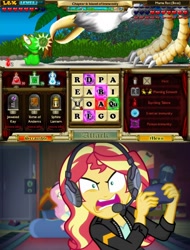 Size: 960x1260 | Tagged: safe, edit, edited screencap, screencap, fluttershy, sunset shimmer, equestria girls, equestria girls series, game stream, spoiler:eqg series (season 2), bookworm adventures deluxe, controller, grumpset shimmer, headphones, meme, not so grumpershy, psycho gamer sunset, rage, shitposting, sunset gamer, sunset shimmer frustrated at game, video game