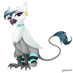 Size: 1181x1181 | Tagged: safe, artist:yuntaoxd, derpibooru import, oc, oc only, oc:izzy, griffon, choker, clothes, collar, female, goth, gothic, griffon oc, paws, piercing, simple background, sitting, socks, solo, stockings, talons, thigh highs, transparent background