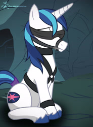 Size: 2197x2990 | Tagged: safe, artist:dripponi, shining armor, pony, unicorn, blindfold, bondage, bound, cave, cute, gag, harness, male, malesub, muzzle, muzzle gag, rubber, solo, submissive, tail wrap