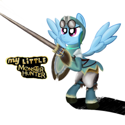 Size: 1000x1000 | Tagged: safe, artist:cheshiresdesires, derpibooru import, rainbow dash, pegasus, pony, crossover, lance, monster hunter, shield, weapon