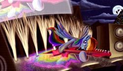 Size: 2063x1200 | Tagged: safe, artist:tsitra360, rainbow dash, pegasus, pony, blue coat, female, guitar, mare, multicolored mane, rock, solo